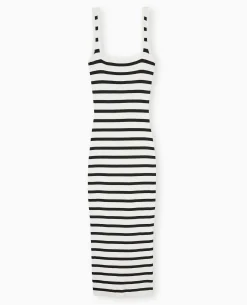 Robe Longue à Bretelles En Maille Rayée - Blanc