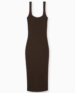 Robe Longue à Bretelles En Maille Côtelée - Marron