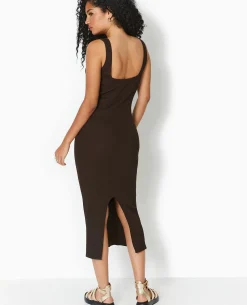 Robe Longue à Bretelles En Maille Côtelée - Marron