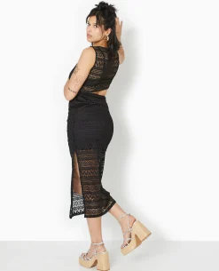 Robe Longue Asymétrique En Maille Façon Dentelle - Noir