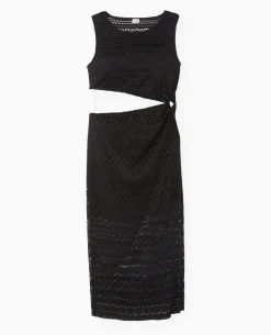 Robe Longue Asymétrique En Maille Façon Dentelle - Noir