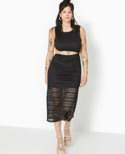 Robe Longue Asymétrique En Maille Façon Dentelle - Noir