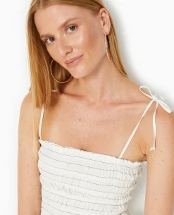 Robe Longue Avec Smocks Motif Rayures - Blanc