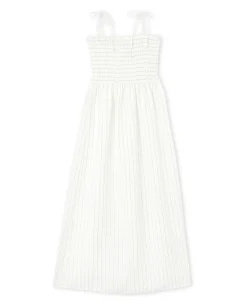 Robe Longue Avec Smocks Motif Rayures - Blanc