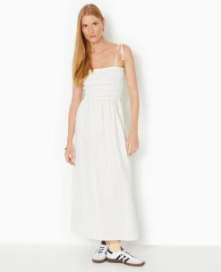 Robe Longue Avec Smocks Motif Rayures - Blanc