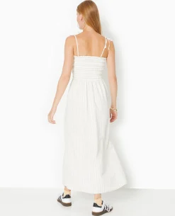 Robe Longue Avec Smocks Motif Rayures - Blanc