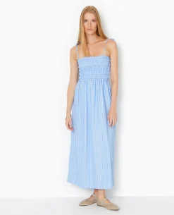 Robe Longue Avec Smocks Motif Rayures - Bleu