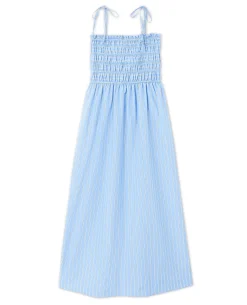 Robe Longue Avec Smocks Motif Rayures - Bleu