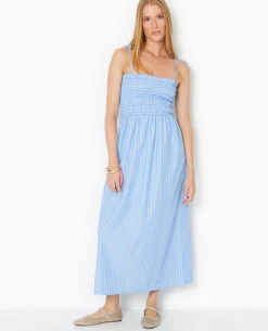 Robe Longue Avec Smocks Motif Rayures - Bleu