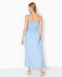 Robe Longue Avec Smocks Motif Rayures - Bleu