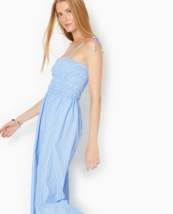 Robe Longue Avec Smocks Motif Rayures - Bleu