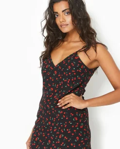 Robe Longue Bretelles Fines Motif Cerises - Noir