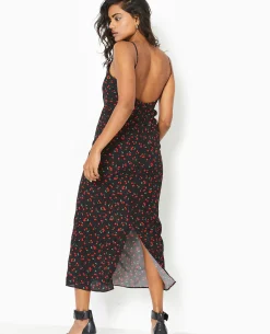 Robe Longue Bretelles Fines Motif Cerises - Noir