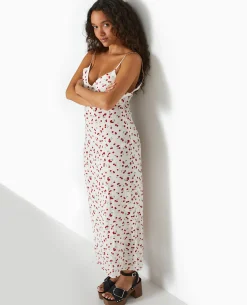 Robe Longue Bretelles Fines Motif Cerises - Blanc