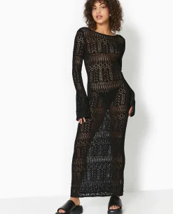 Robe Longue En Crochet Avec Dos-nu - Noir