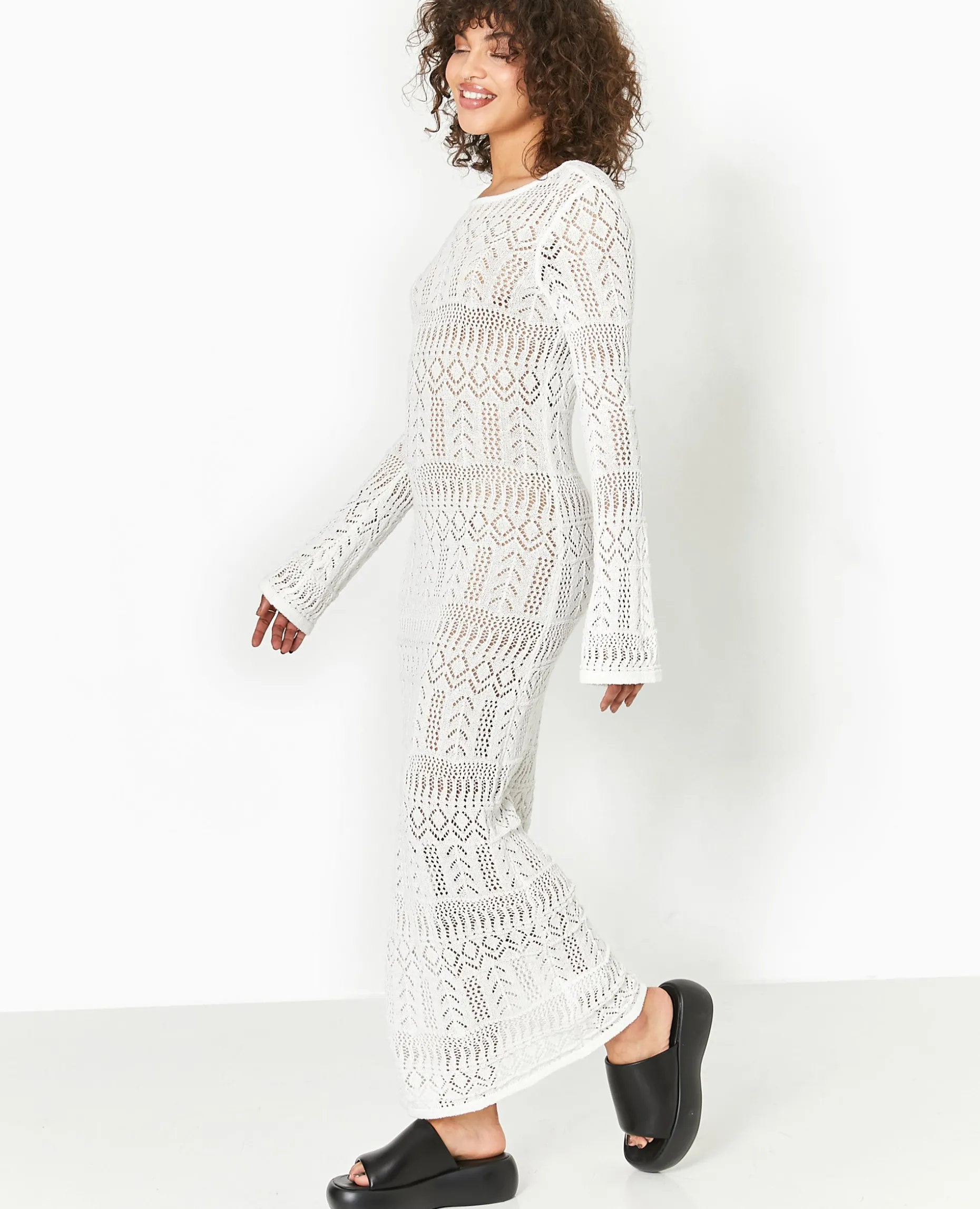 Robe Longue En Crochet Avec Dos-nu - Blanc