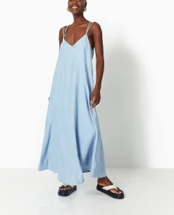 Robe Longue En Tissu Effet Jean - Bleu