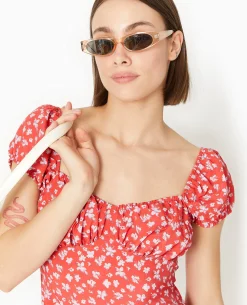 Robe Longue Forme Empire Motif Fleurs - Rouge