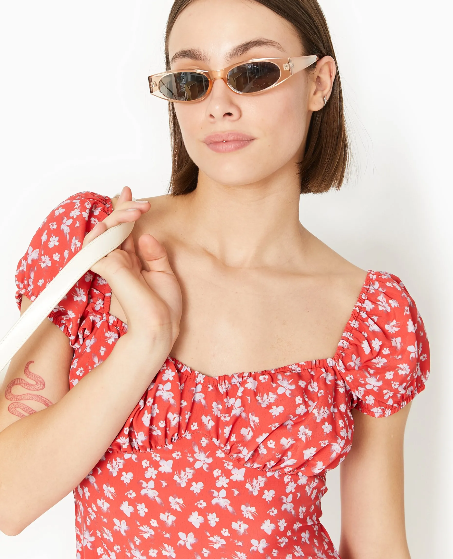 Robe Longue Forme Empire Motif Fleurs - Rouge