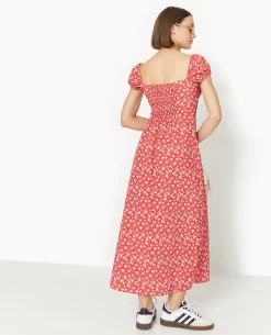 Robe Longue Forme Empire Motif Fleurs - Rouge