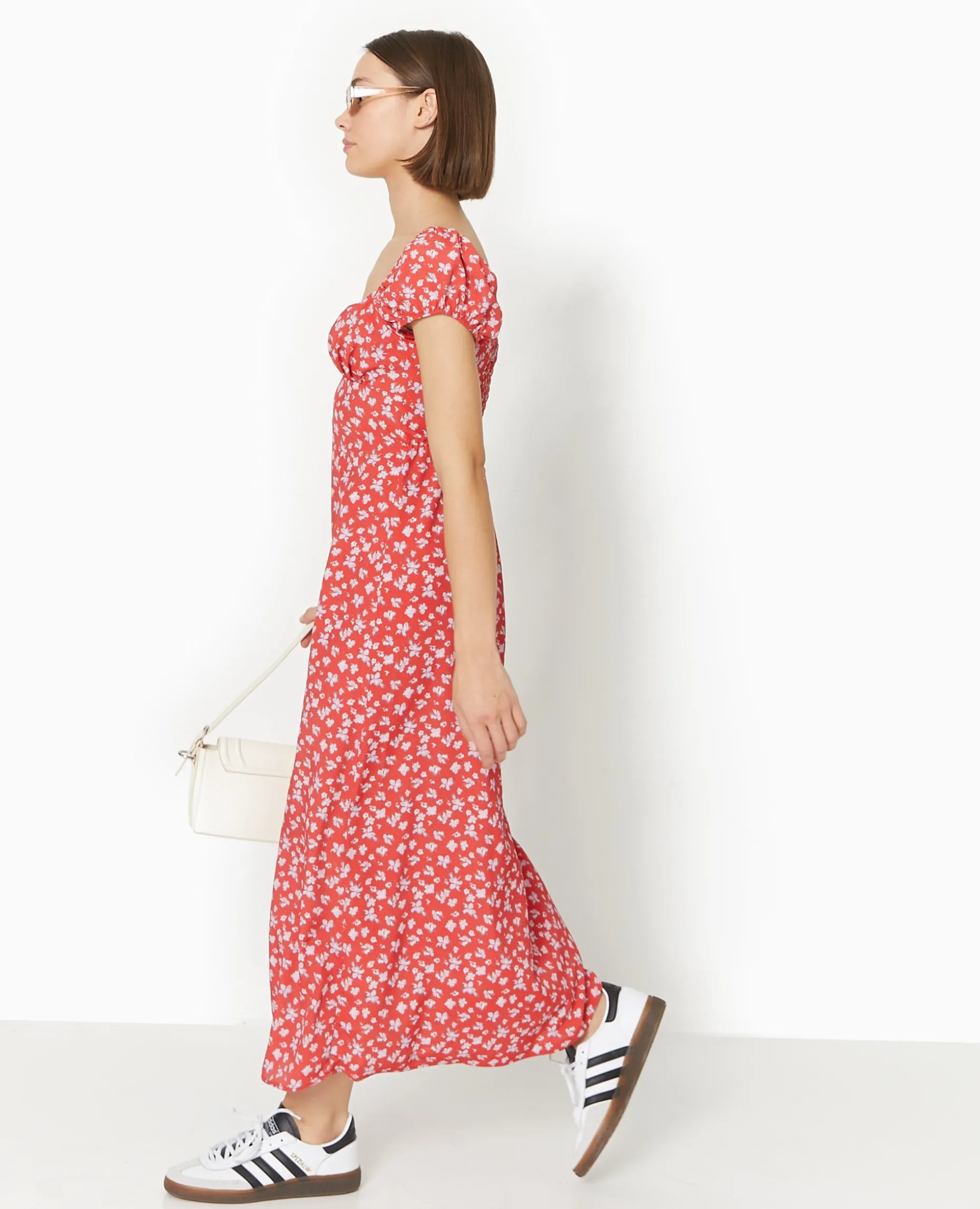 Robe Longue Forme Empire Motif Fleurs - Rouge
