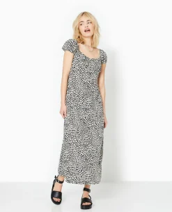 Robe Longue Forme Empire Motif Tacheté - Blanc
