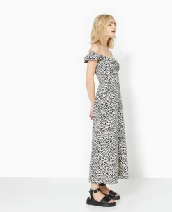 Robe Longue Forme Empire Motif Tacheté - Blanc