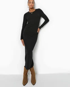 Robe Longue Moulante Avec Fronces Côtés - Noir