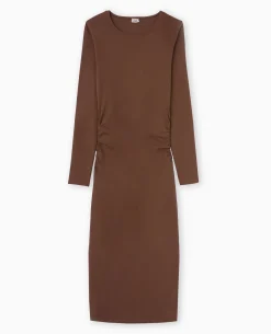 Robe Longue Moulante Avec Fronces Côtés - Marron