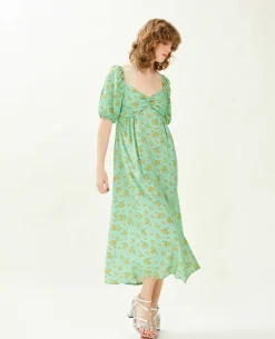 Robe Midi Manches Ballons Motifs Fleurs - Orange
