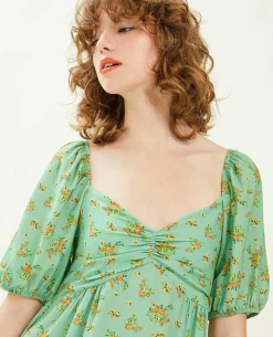 Robe Midi Manches Ballons Motifs Fleurs - Orange