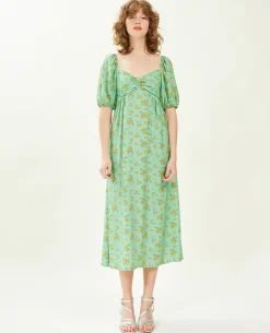 Robe Midi Manches Ballons Motifs Fleurs - Orange