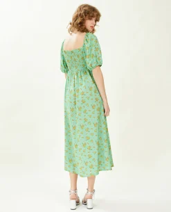 Robe Midi Manches Ballons Motifs Fleurs - Orange