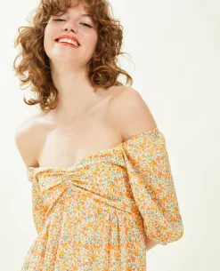 Robe Midi Manches Ballons Motifs Fleurs - Blanc