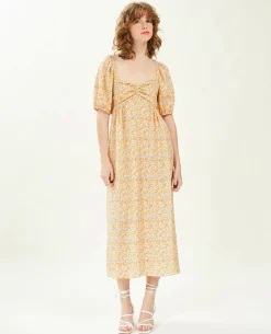 Robe Midi Manches Ballons Motifs Fleurs - Blanc