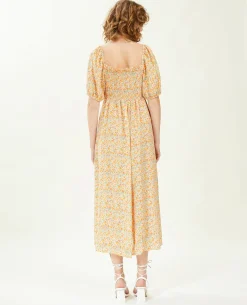 Robe Midi Manches Ballons Motifs Fleurs - Blanc