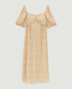 Robe Midi Manches Ballons Motifs Fleurs - Blanc