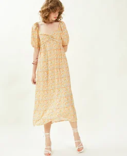 Robe Midi Manches Ballons Motifs Fleurs - Blanc