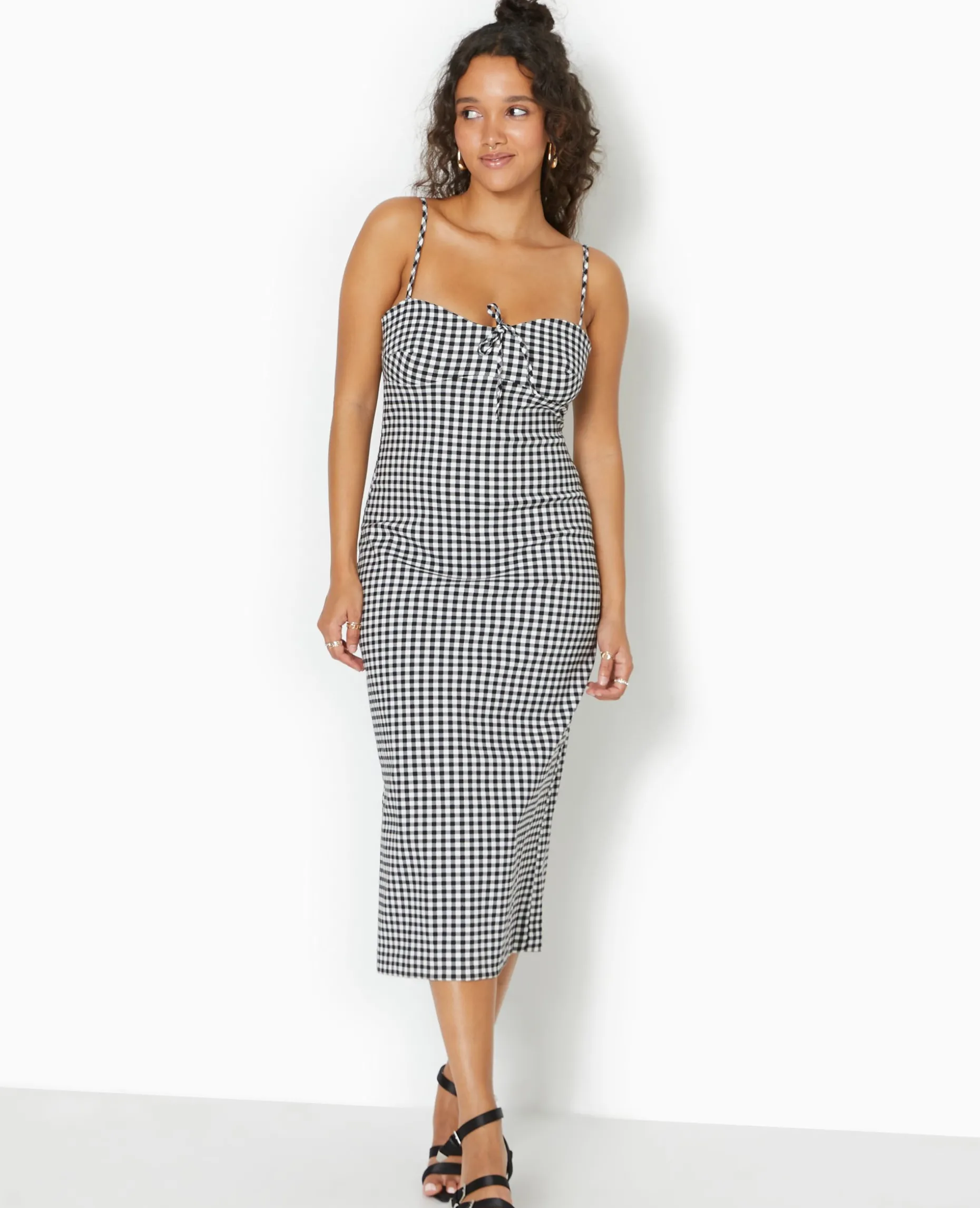 Robe Midi Moulante Motif Vichy - Noir