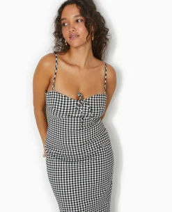 Robe Midi Moulante Motif Vichy - Noir