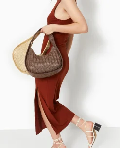 Sac Demi-lune En Raphia - Marron