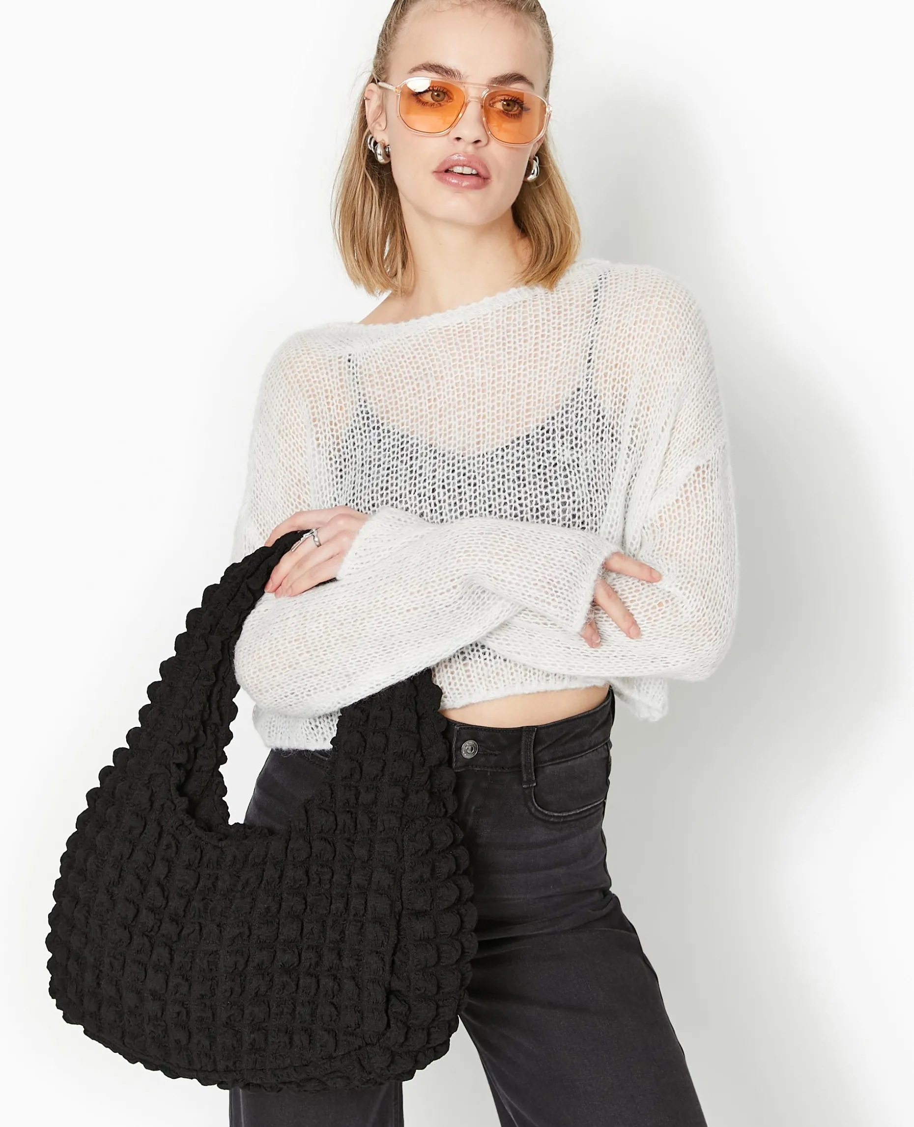 Sac Forme Lune En Tissu Reliéfé Gaufré - Noir
