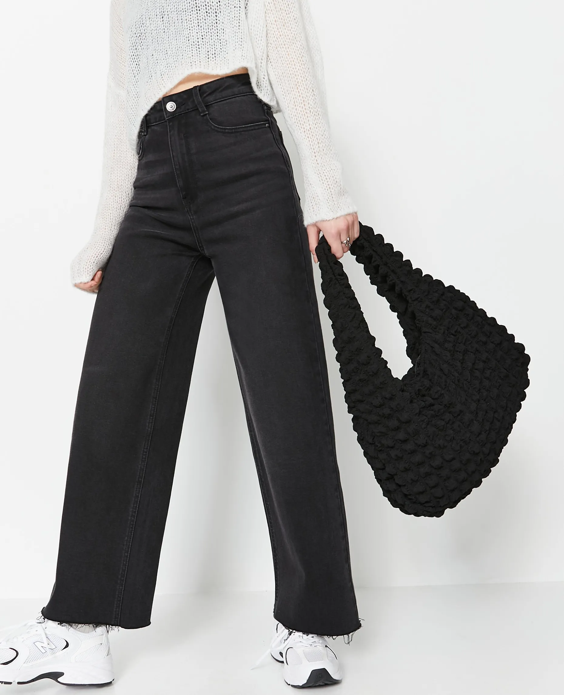 Sac Forme Lune En Tissu Reliéfé Gaufré - Noir