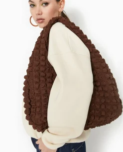Sac Forme Lune En Tissu Reliéfé - Marron