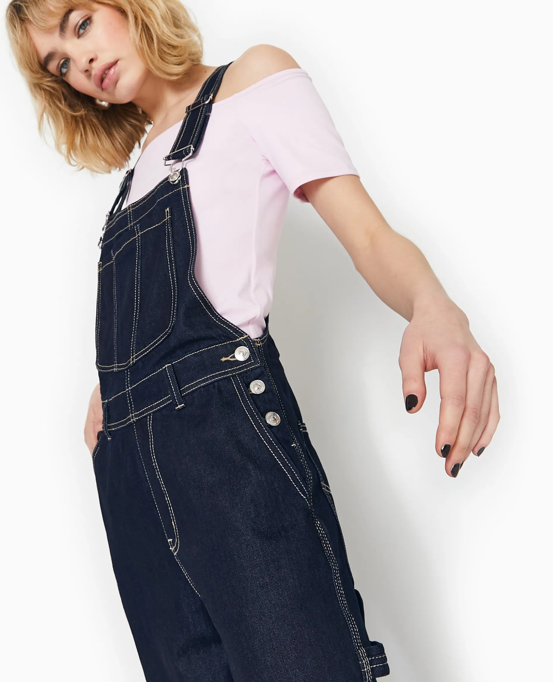 Salopette En Jean Avec Coutures Contrastées - Bleu