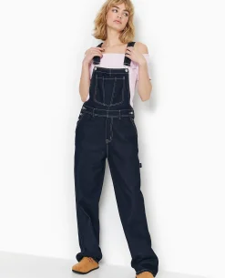Salopette En Jean Avec Coutures Contrastées - Bleu