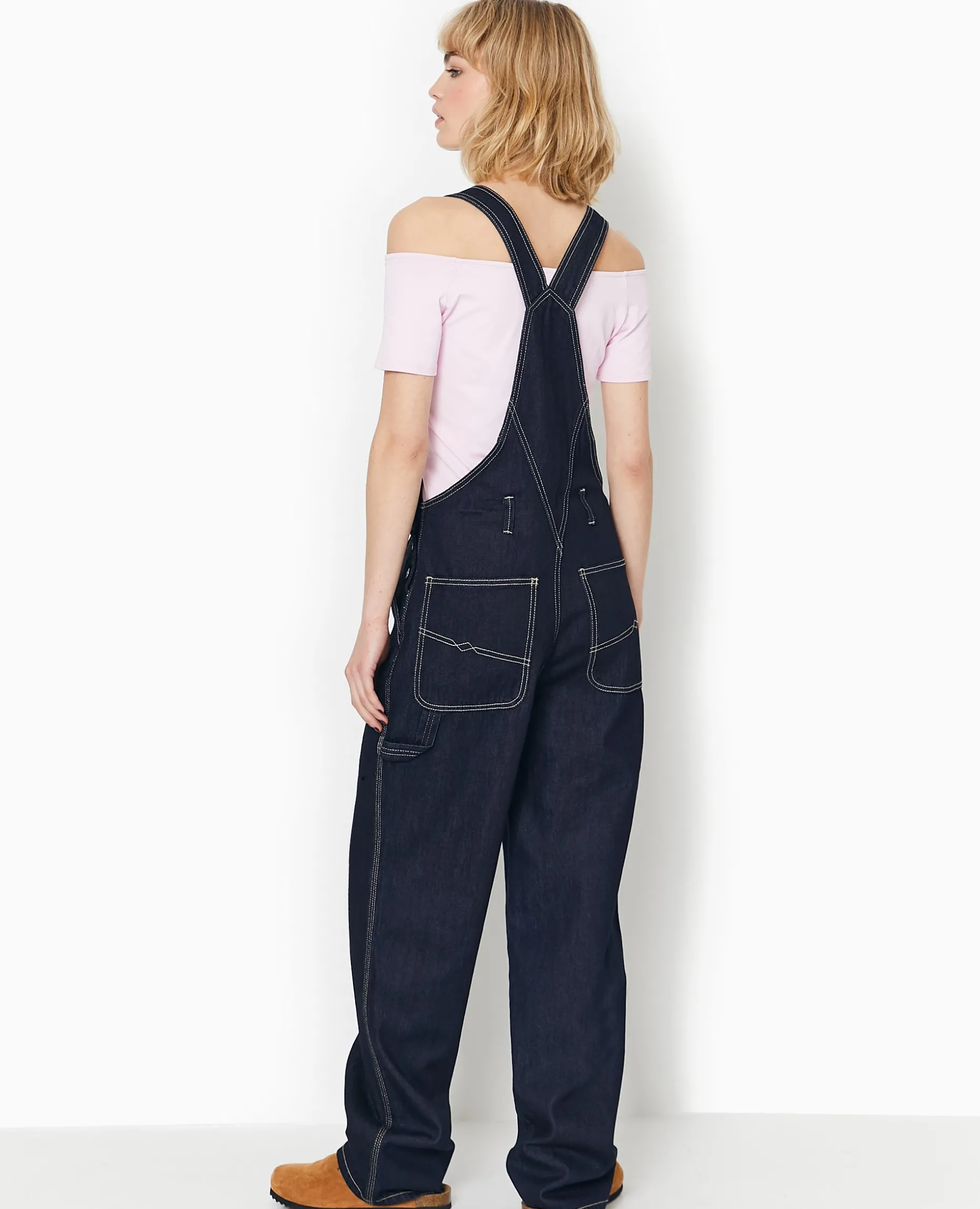 Salopette En Jean Avec Coutures Contrastées - Bleu