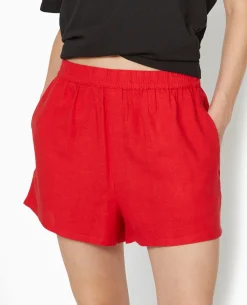 Short Court Taille élastiquée Avec Lin - Rouge