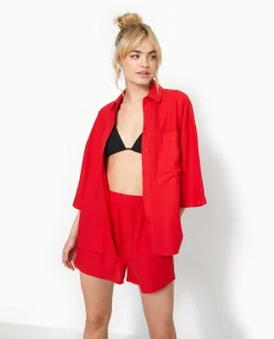 Short Court Taille élastiquée Avec Lin - Rouge