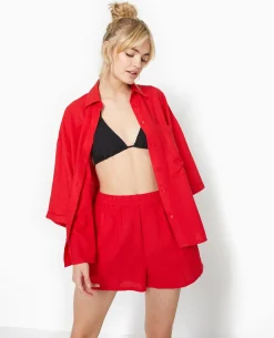 Short Court Taille élastiquée Avec Lin - Rouge